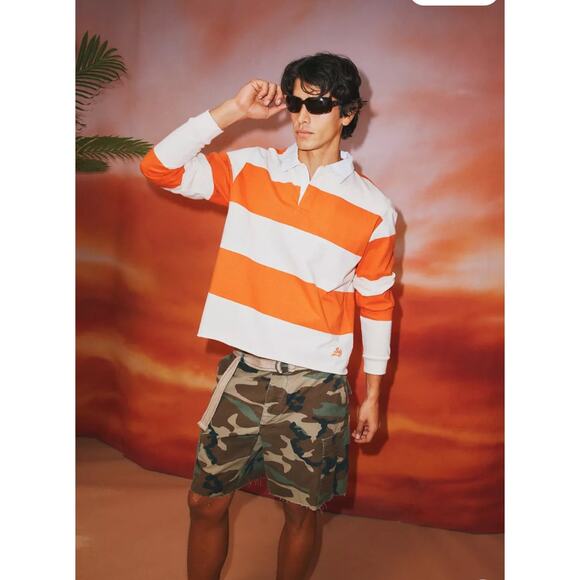 Urban Outfitters BDG Classic Cutoff Rugby Shirt Wide Stripe Orange Mens Large - Picture 2 of 11